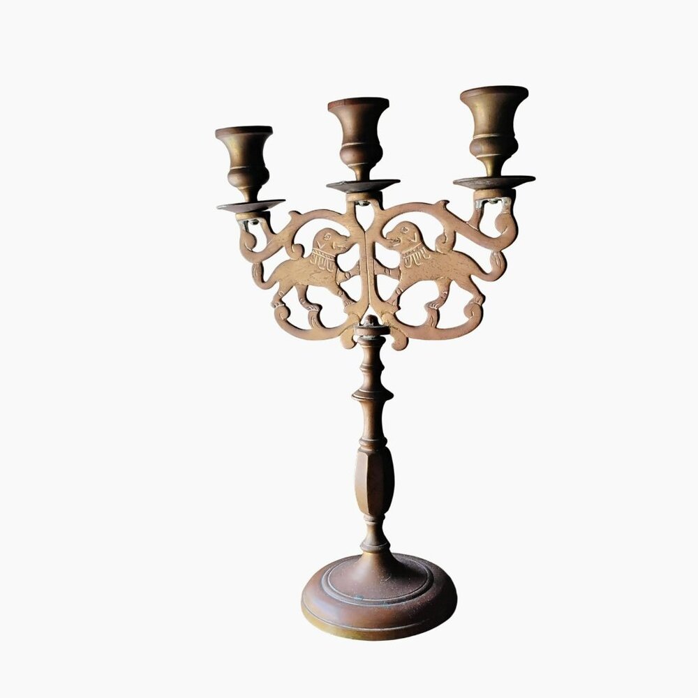 Antique Heavy Solid Brass 3-Lights Candelabra Candle Holder with Lion Motif 14"